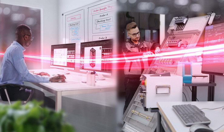Person sitting at desk looking at monitor with red laser graphic reaching across the entire image